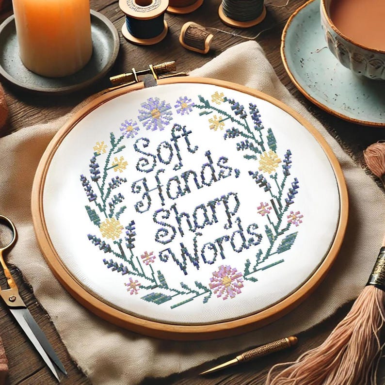 Soft Hands, Sharp Words Cross Stitch Pattern, Floral Wreath Embroidery ...