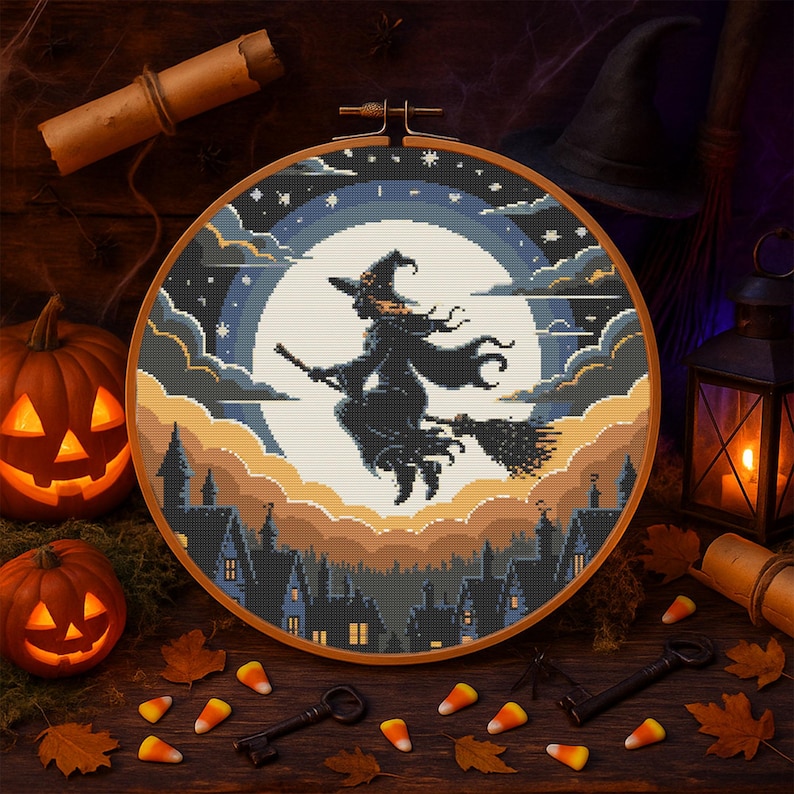 Flying Witch Halloween Cross-Stitch Pattern – Broomstick Witch Soaring Over Haunted Town with Full Moon
This atmospheric pattern features a bold silhouette of a witch flying on her broomstick across a glowing full moon, surrounded by layered twilight clouds and a starry sky. Below, dark rooftops and pointed turrets create a charmingly spooky village, perfect for Halloween decor and seasonal stitching.