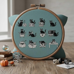 This minimalist cross-stitch pattern features a collection of charming black cat illustrations captured in everyday activities such as reading books, traveling, drinking tea, working at a computer, and relaxing in playful poses. The clean monochrome style creates a calm and modern aesthetic that’s easy to stitch and visually striking once finished. Perfect for cat lovers, cozy décor enthusiasts, and stitchers who enjoy simple yet expressive designs, this pattern brings warmth and personality