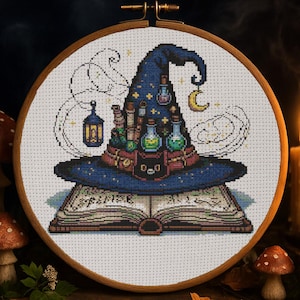 Halloween Witch Hat Cross Stitch Pattern Halloween Spooky Witch Hat Embroidery Magical Book Halloween Dark Fantasy Cross Stitch PDF Beginner
