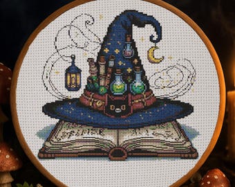 Halloween Witch Hat Cross Stitch Pattern Halloween Spooky Witch Hat Embroidery Magical Book Halloween Dark Fantasy Cross Stitch PDF Beginner