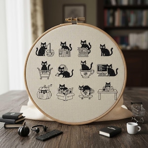 This minimalist cross-stitch pattern features a collection of charming black cat illustrations captured in everyday activities such as reading books, traveling, drinking tea, working at a computer, and relaxing in playful poses. The clean monochrome style creates a calm and modern aesthetic that’s easy to stitch and visually striking once finished. Perfect for cat lovers, cozy décor enthusiasts, and stitchers who enjoy simple yet expressive designs, this pattern brings warmth and personality