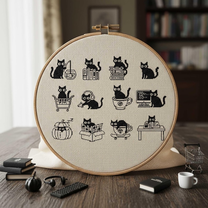This minimalist cross-stitch pattern features a collection of charming black cat illustrations captured in everyday activities such as reading books, traveling, drinking tea, working at a computer, and relaxing in playful poses. The clean monochrome style creates a calm and modern aesthetic that’s easy to stitch and visually striking once finished. Perfect for cat lovers, cozy décor enthusiasts, and stitchers who enjoy simple yet expressive designs, this pattern brings warmth and personality
