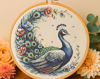 Botanical Peacock Cross Stitch Pattern, Elegant Floral Tail Embroidery Wildflowers Elegant Embroidery Floral Peacock Stitch Pattern Beginner