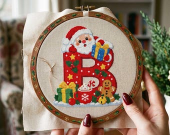 Christmas Letter B Cross Stitch Pattern: Santa Gift Monogram Holiday Gifts Holly Embroidery PDF