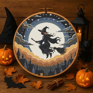 Flying Witch Halloween Cross-Stitch Pattern – Broomstick Witch Soaring Over Haunted Town with Full Moon
This atmospheric pattern features a bold silhouette of a witch flying on her broomstick across a glowing full moon, surrounded by layered twilight clouds and a starry sky. Below, dark rooftops and pointed turrets create a charmingly spooky village, perfect for Halloween decor and seasonal stitching.