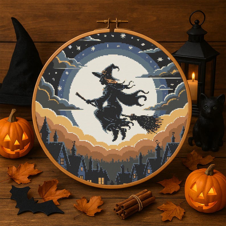 Flying Witch Halloween Cross-Stitch Pattern – Broomstick Witch Soaring Over Haunted Town with Full Moon
This atmospheric pattern features a bold silhouette of a witch flying on her broomstick across a glowing full moon, surrounded by layered twilight clouds and a starry sky. Below, dark rooftops and pointed turrets create a charmingly spooky village, perfect for Halloween decor and seasonal stitching.