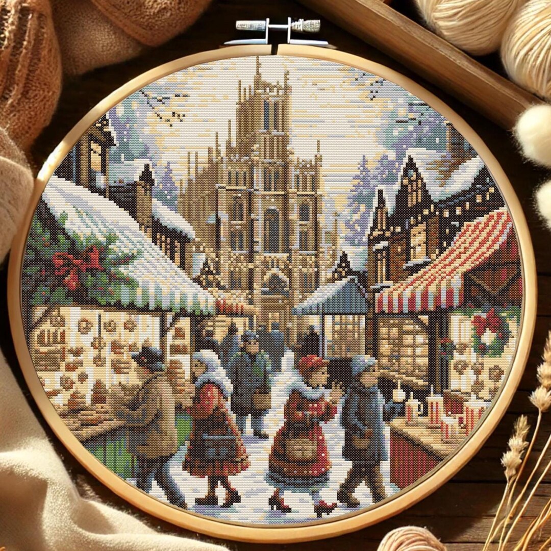 Christmas Market Cross Stitch Pattern Festive Winter Village Embroidery ...