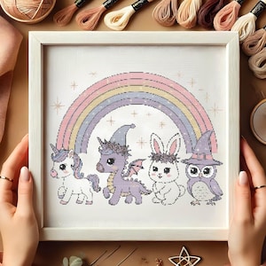 Magical Rainbow Fantasy Animals Cross Stitch Pattern, Cute Unicorn, Dragon, Bunny & Owl Embroidery, Whimsical Rainbow Cross Stitch PDF