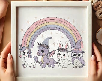 Patrón de punto de cruz con animales de fantasía de arcoíris mágicos, lindo bordado de unicornio, dragón, conejito y búho, PDF de punto de cruz de arcoíris caprichoso