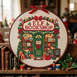 May include: A circular embroidery hoop containing a cross-stitch design of an Elf Bookshop. The scene features elves, bookshelves, a Christmas tree, and gifts. A red velvet bow is attached to the top of the wooden hoop frame.