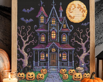 Spukhaus Halloween Kreuzstichmuster Halloween Gothic Haus Stickmuster Gruseliges viktorianisches Spukhaus Halloween Kreuzstich