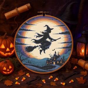 Haunted Night Halloween Cross Stitch Pattern – Witch in Flight with Bats, Stars, and Silhouetted Trees