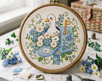 Goose Mailbox Kreuzstich-Muster: Blaue Blumengans Cottagecore Stickdatei PDF