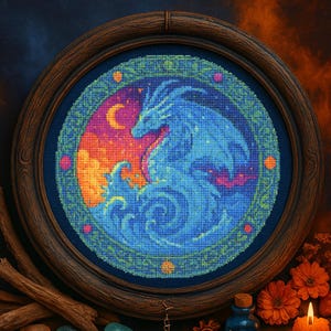Schema punto croce drago marino con mezzaluna, ricamo drago magico elemento acqua, drago spirito marino fantasy punto croce PDF