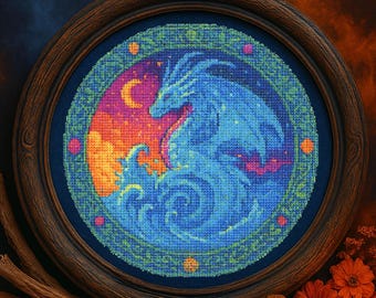 Ocean Dragon with Crescent Moon Cross Stitch Pattern Magical Water Element Dragon Embroidery Sea Spirit Dragon Fantasy Cross Stitch PDF