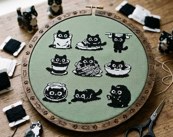 Patrón de punto de cruz de gato negro: divertidos gatos de dibujos animados Kawaii, paquete de bordado minimalista en PDF