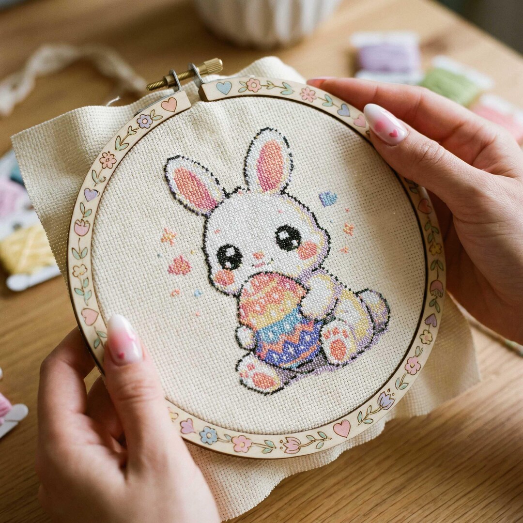 Easter Bunny Cross Stitch Pattern: Spring Rabbit Holding Painted Egg ...