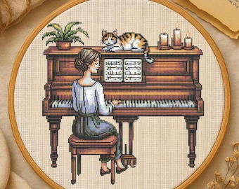 Girl Playing Piano Cross Stitch Pattern Woman Playing Classical Piano with Cat Embroidery Romantic Cottagecore Cross Stitch For Music Lovers