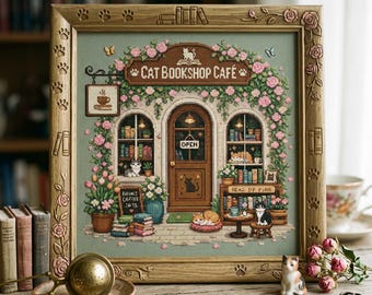 May include: A framed cross-stitch embroidery depicting a Cat Bookshop Café storefront. The scene features a brown door with an open sign, windows filled with books, cats, and climbing pink roses. The wooden frame is decorated with paw prints.