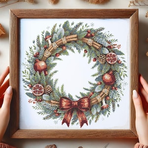 Winter Wreath with Pomegranates Cross Stitch Pattern Botanical Christmas Garland with Bow Embroidery Pattern Holiday Christmas Cross Stitch