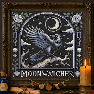 Fantasy Dark Raven Cross Stitch Pattern Gothic Night Sky Bird Halloween Embroidery Spooky Dark Bird Tarot Cross Stitch Beginner Stitching