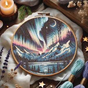 Northern Lights Mountain Cross Stitch Pattern, Celestial Landscape Embroidery, Aurora Borealis Night Sky Cross Stitch, PDF Instant Download
