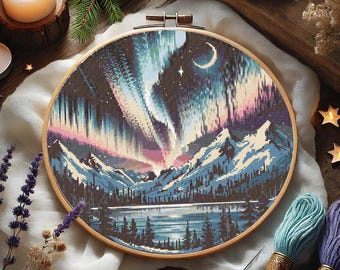 Noorderlicht berg kruissteekpatroon, borduurwerk hemels landschap, Aurora Borealis nachtelijke hemel kruissteek, pdf direct download