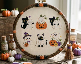 Patrón de punto de cruz de gato fantasma: Bordado de gato negro con calabaza de Halloween en PDF