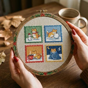 May include: A cross-stitch embroidery hoop featuring four square designs with orange cats in winter scenes. The cats are depicted with a snowman, rolling a snowball, drinking from a mug, and wrapped in a blanket. The wooden hoop is decorated with holly.