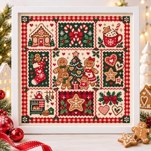 May include: A square cross-stitch embroidery in a white frame featuring a grid of Christmas-themed motifs including a gingerbread house, candy canes, a mug of cocoa, a stocking, a family of gingerbread people, a tree, and holiday cookies.