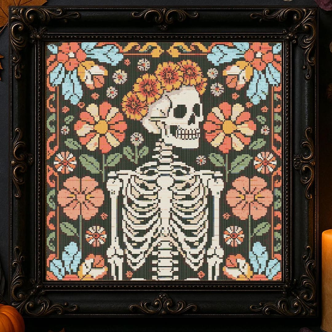 Floral Skeleton Cross Stitch Pattern Halloween Day of the Dead Skeleton ...