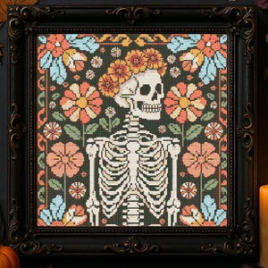 Floral Skeleton Cross Stitch Pattern Halloween Day of the Dead Skeleton Embroidery Halloween Flowers Skull Gothic Stitching For Lovers