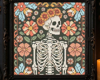 Blumenskelett Kreuzstichmuster Halloween Tag der Toten Skelett Stickerei Halloween Blumen Schädel Gothic Stitching Für Liebhaber
