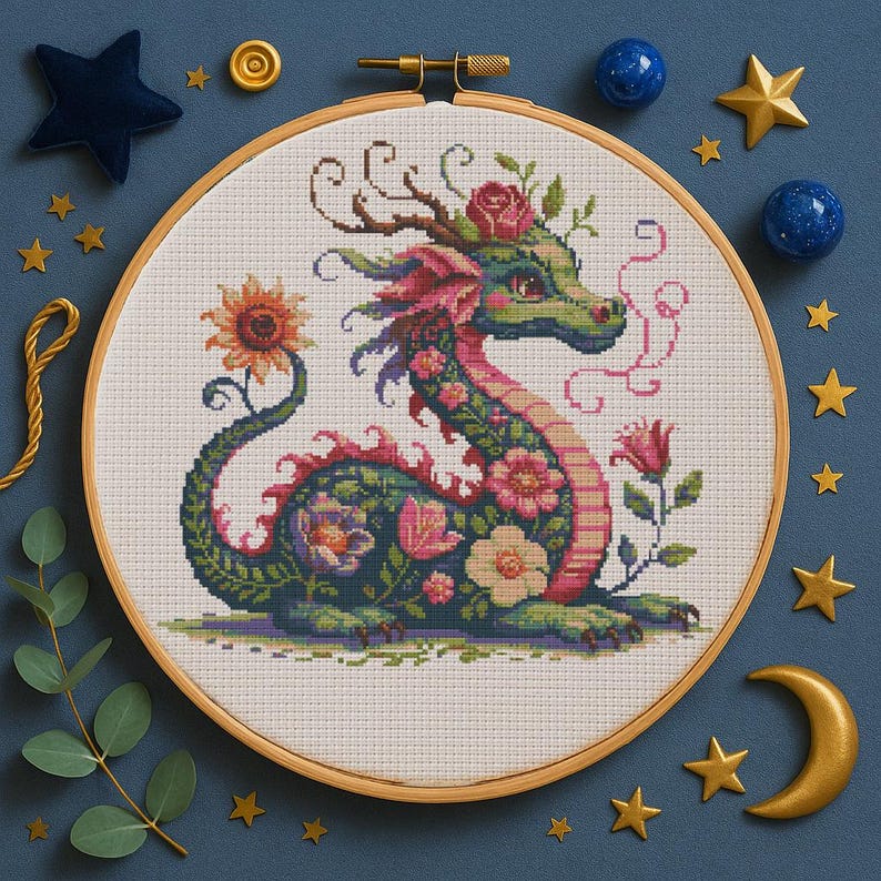Mystical Floral Dragon Cross Stitch Pattern Botanical Dragon Embroidery ...