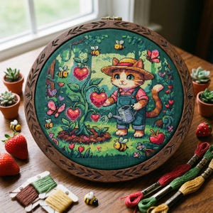May include: A cross-stitch embroidery in a round wooden hoop depicts a cat in overalls watering heart-shaped tomatoes. The scene includes bees, butterflies, and strawberries. Embroidery floss and small succulents surround the hoop.