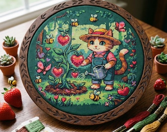 Strawberry Garden Cat Cross Stitch Pattern: Cozy Farmer Kitty, Bees & Heart Fruit Embroidery PDF