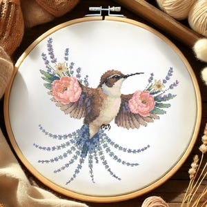 Botanical Hummingbird Cross Stitch Pattern Elegant Bird Hummingbird peony wings, Cottagecore Needlework Botanical Songbird Stitch Pattern
