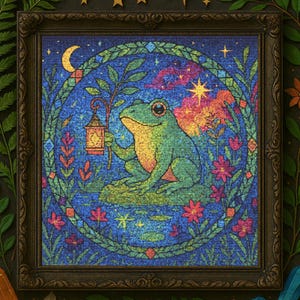 May include: Cross-stitch artwork in a dark brown frame, depicting a green frog with a lantern, set against a blue background with a crescent moon and stars. The design includes flowers and foliage.