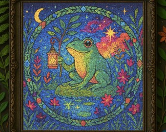 Lantern Frog Cross Stitch Pattern Glowing Frog Stained Glass Embroidery Magical Fantasy Night Garden Flower Cross Stitch PDF Nature Lovers