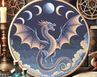 Celestial Dragon Cross-Stitch Pattern, Fantasy Embroidery, Lunar Night Sky Needlework, Mystic Dragon Art, Mythical Dragon Cross Stitch PDF