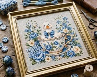 Patrón de punto de cruz de pato en taza de té: Bordado romántico de patito floral con rosas azules en PDF