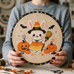May include: A circular embroidery hoop containing a cross-stitch design of a white bunny wearing a candy corn hat and dress, holding a broom. The scene includes two jack-o'-lanterns, lollipops, and bats on a beige fabric background.