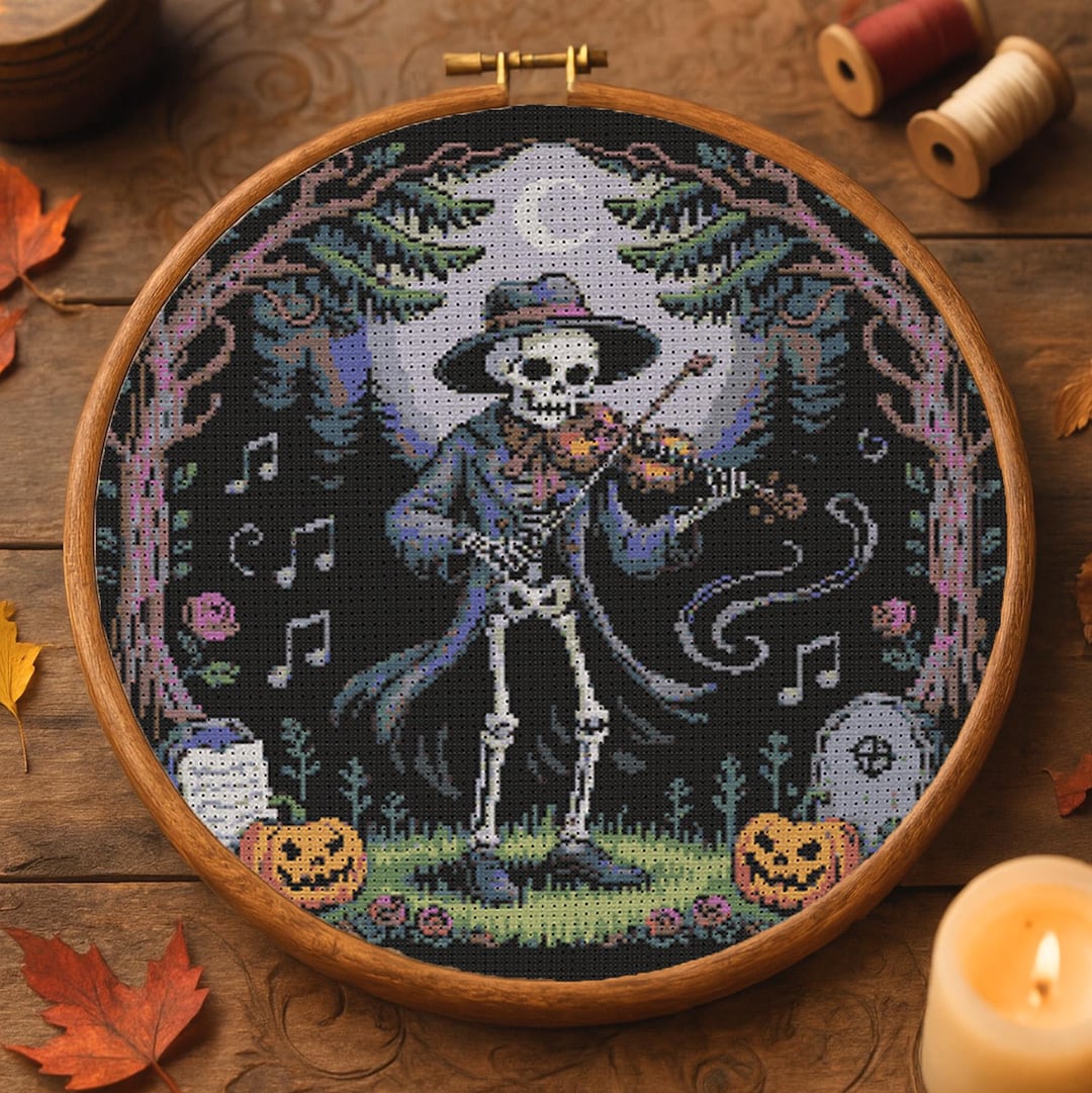Spooky Music Skeleton Violinist Cross Stitch Pattern Halloween Haunted ...