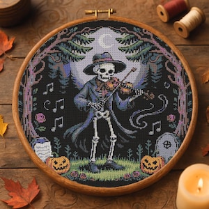 Spooky Music Skeleton Violinist Cross Stitch Pattern Halloween Haunted Forest Embroidery Spooky Halloween Skeleton Cross Stitch PDF Beginner