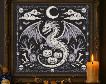 Patrón de punto de cruz de dragón esqueleto gótico para Halloween, bordado de dragón espeluznante, dragón mágico, Halloween, fantasía oscura, punto de cruz para principiantes