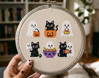 Patrón de punto de cruz de gato fantasma de Halloween: Bordado de calabaza con cubo de caramelos fantasma en PDF