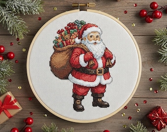 Classic Santa Claus Cross Stitch Pattern: Traditional Father Christmas with Gift Sack Embroidery PDF