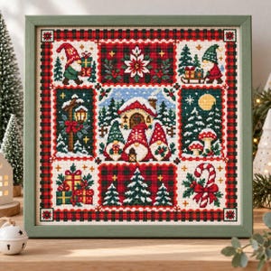 May include: A framed cross-stitch embroidery featuring a grid of Christmas-themed panels, including gnomes, a snow-covered house, pine trees, wrapped gifts, and a candy cane, all bordered by a red and black buffalo plaid pattern.