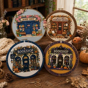 A warm boho orange Etsy listing photo for a 36 Bookshop Cross Stitch Bundle, featuring cozy embroidered bookstore designs displayed inside wooden embroidery hoops. The image has a soft autumn-inspired background with burnt orange, cream, beige, and brown tones, decorated with dried flowers, lace, leaves, vintage paper textures, and handmade craft details. The center text highlights “36 Bookshop Bundle” and “Cross-Stitch Patterns,” making the product clear for buyers who love cozy bookstores,